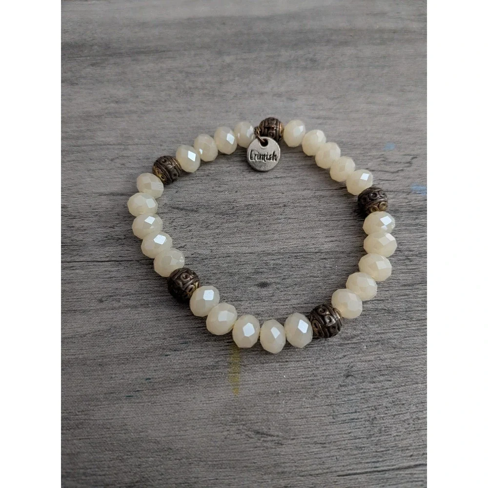Erimish Beaded Stretch Bracelet Cream Faceted Glass Bronze Filigree Charm